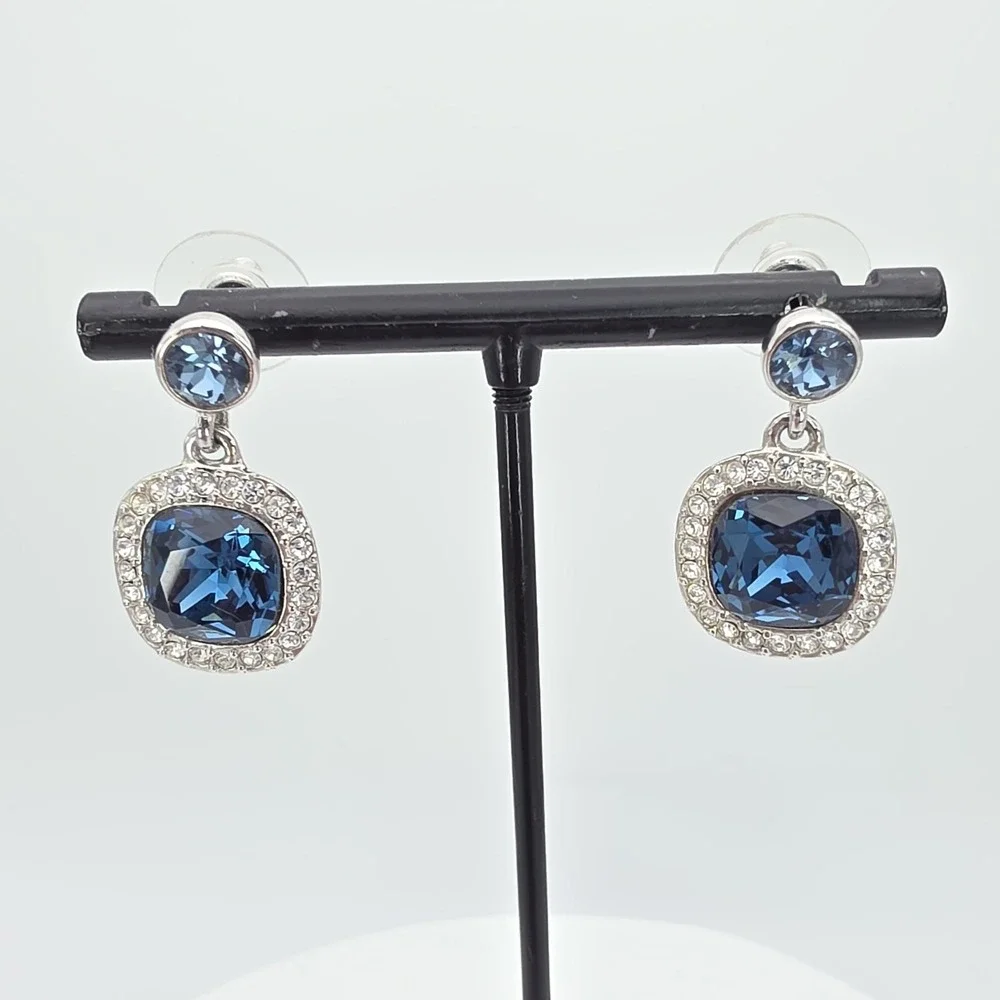 New! GIVENCHY Earrings SWAROVSKI Crystals Blue & Clear‎ Silver Plate Dangle Drop